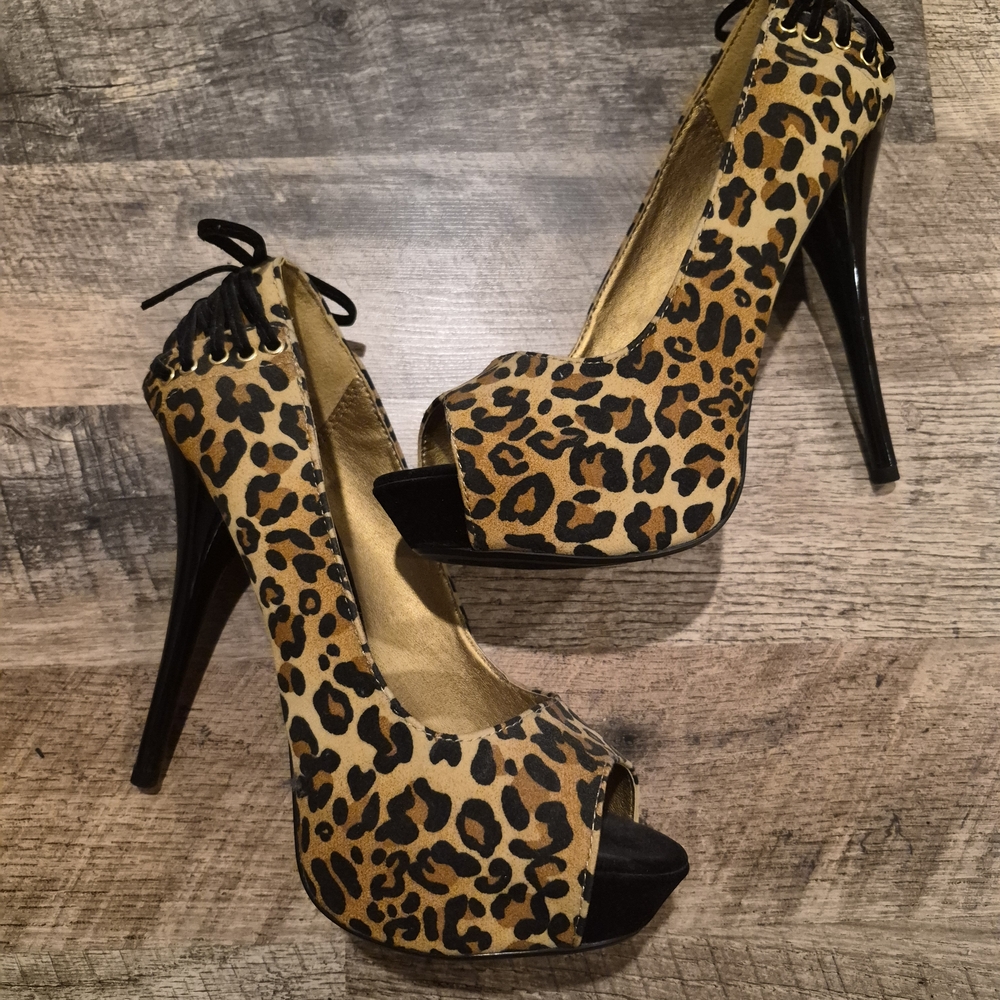 Qupid Leopard Print Peep Toe Heels